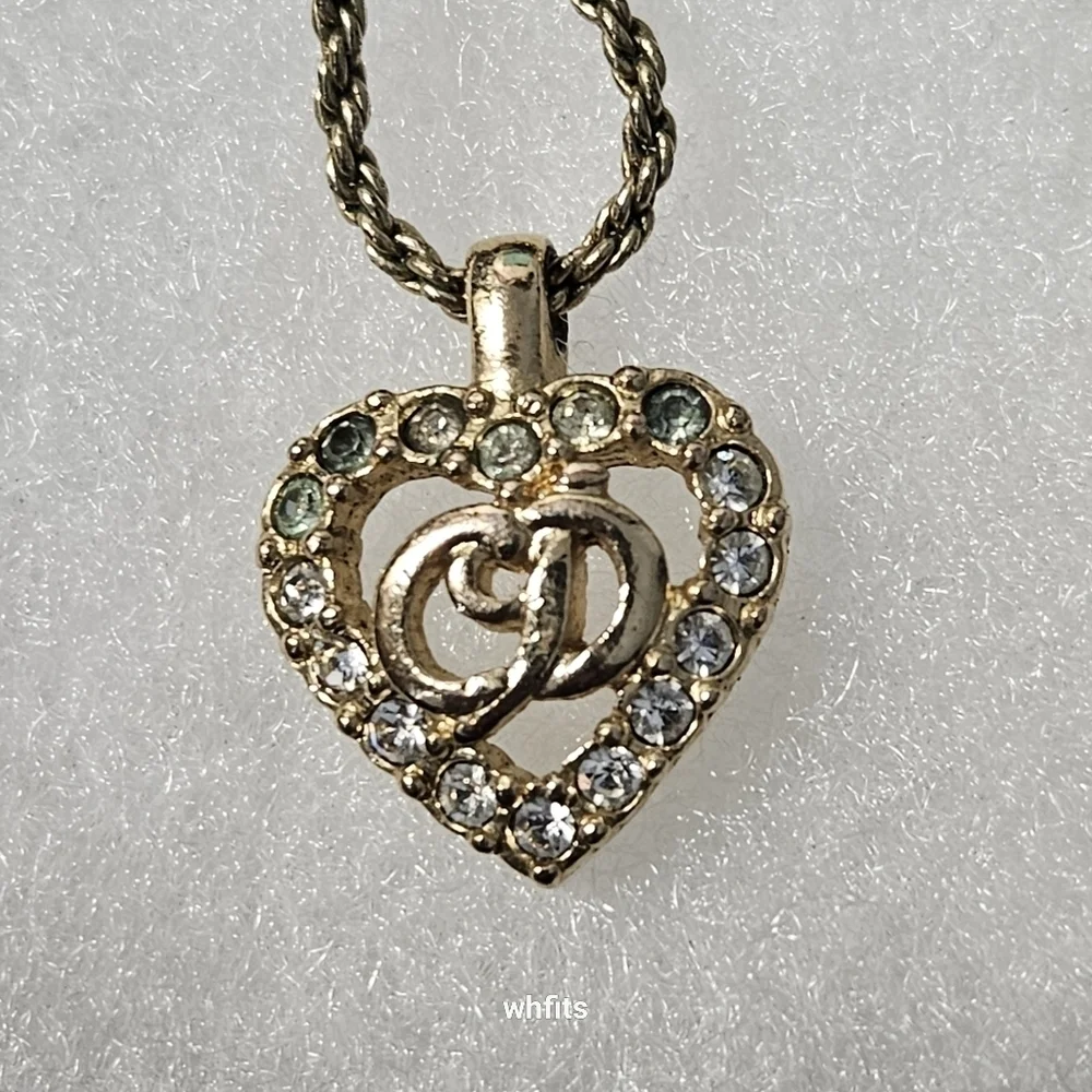 Vintage Christian Dior Gold Tone Rhinestone CD Heart Necklace